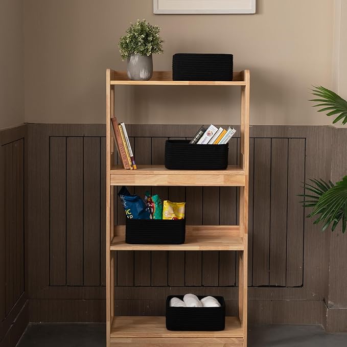 4 Pack Small Storage Shelf Baskets for Organizing, Mini Woven Rope Storage Bins for Towels, Cute Decorative Closet Organizer,Baby Nursery, Gift Empty Baskets -11.81''Lx7.87''Wx4.72''H-Black