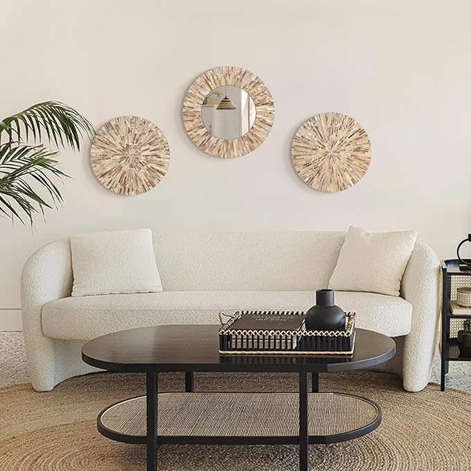 TEIPAI Boho Decorative Mirror for Living Room, 3PCS Handcrafted Mother of Pearl Mirror Wall Decor for Home Dorm Apartment Hallway Staircase, Mosaic Art Plates for Wedding Decoration (Dark Brown)