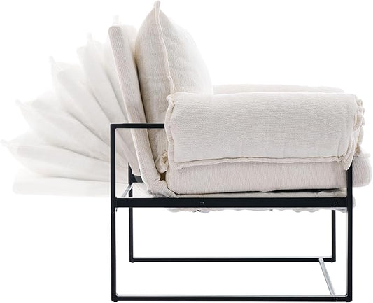 YISHENG Accent Chair with 6-Angle Adjustable Backrest, Chenille Fabric Living Room Chair Upholstered Lounge Chair, Modern Chair Cozy Reclining Chair for Reading Room, 1PC White