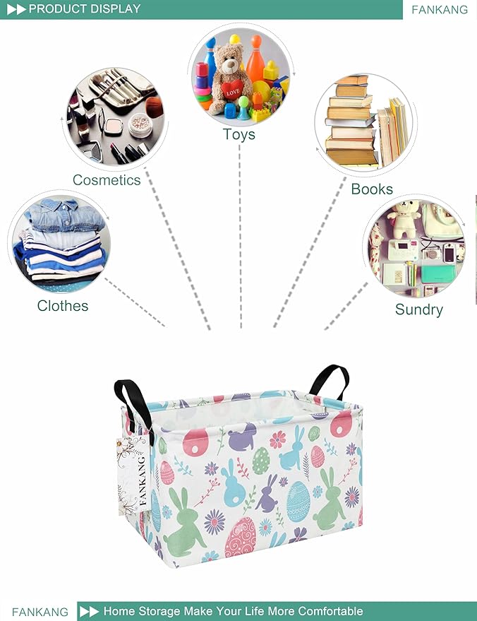 FANKANG Storage Bins, Nursery Hamper Canvas Laundry Basket Foldable with Waterproof PE Coating Large Storage Baskets for Kids Boys and Girls, Office, Bedroom, Clothes,Toys(Rec-Easter egg)