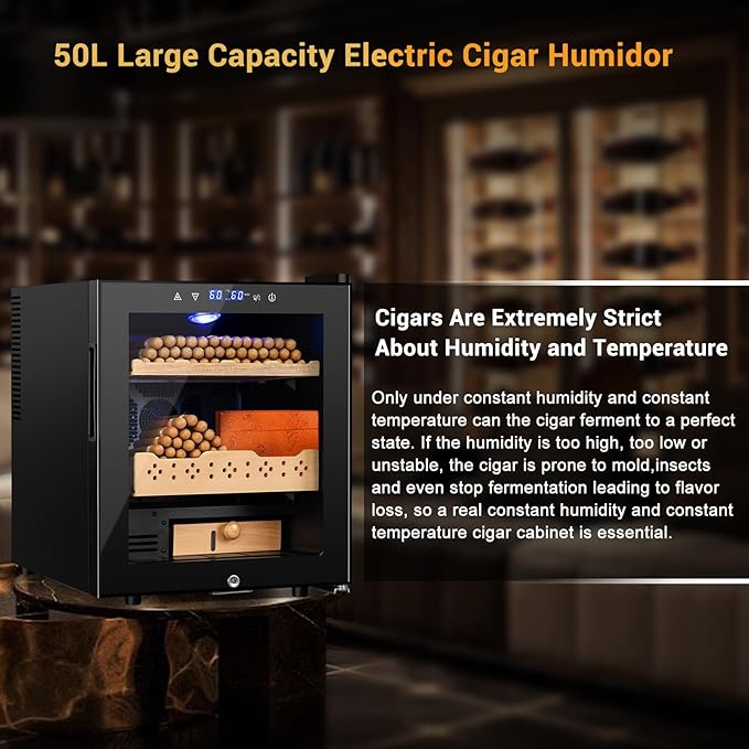 Electric Humidor for Cigars, 50L 300 Counts Large Capacity Thermostatic Desktop Humidor Cabinet with Digital LED Screen, Safety Lock,Smart Humidity & Temp Control, Gifts for Men