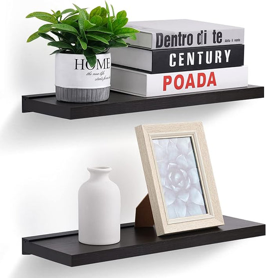 Meangood Floating Shelves Black 17 inch Wall Mounted Natural Bamboo Wood Wall Storage Shelves for Bedroom,Living Room,Bathroom, Kitchen(Set of 2)