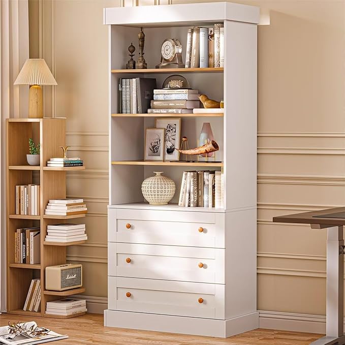 Vyre 71" Tall Farmhouse Bookshelves with Drawers, Set of 4 – Large Modular Bookcase with Adjustable Shelves, Storage Cabinet for Living Room, Kitchen, Home Office, White