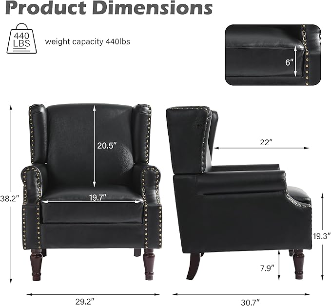 UIXE PU Leather High Back Accent Chair, Upholstered Armchair for Living Room, Retro Wingback Arm Chair Nailhead Trim Single Sofa Bedroom Reading Seat with Solid Wood Legs - Black