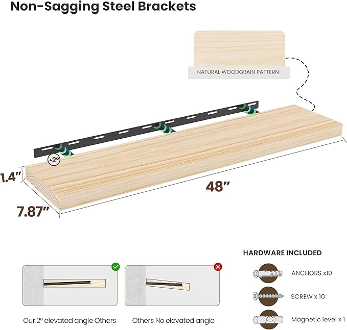 Light Wood Floating Shelves 48 Inch, 8 in Deep Single Book Shelf Floating for Wall Mounted, Heavy Duty Shelf Hold 100 lbs, Unfinished Wall Shelves for Bathroom, Living Room, Kitchen, Bedroom, Office