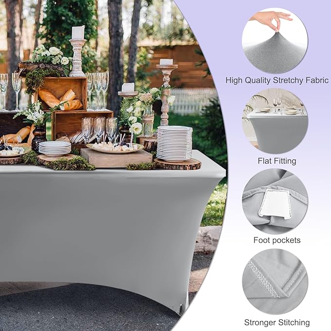 ABCCANOPY 6 FT Grey Spandex Table Cover Stretch Fitted Wrinkle Resistant Tablecloth Reuse for Rectangular Folding Table Patry Event Wedding Banquet Protector