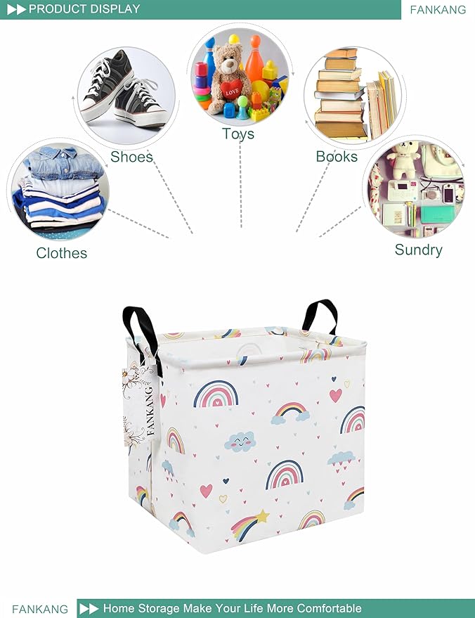 FANKANG Square Nursery Hamper Storage Bins Canvas Laundry Basket Foldable with Waterproof PE Coating Storage Baskets Gift Baskets for Children, Office, Bedroom, Clothes(Square-Love Rainbow )
