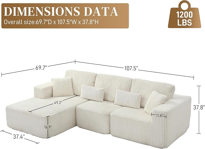 HYJT-H&K Modular Sectional Sofa Cloud Sectional Couch, 107" Comfy Fluffy L Shaped White Couches for Living Room, Deep Seat Memory Foam Plush Corduroy Boneless Couch Sectionals Left Facing Chaise Sofa