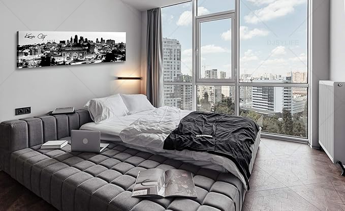 Pictures for Bedroom Black and White Wall Art Kansas City Panoramic Cityscape Skyline Canvas Art Prints for Living Room Office Home Decor Framed and Ready to Hang 13.8"x47.3"