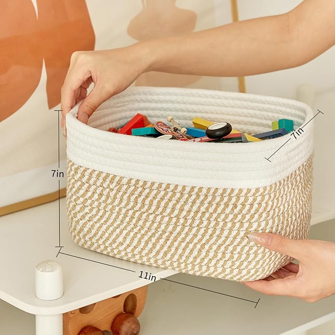 Small Cotton Rope Storage Basket Set of 3-11"x7"x7" Perfect Woven Baskets for Storage, Ideal Storage Baskets for Organizing Toys, Towels, and More - Baskets for Shelves(White & Mixed Camel)