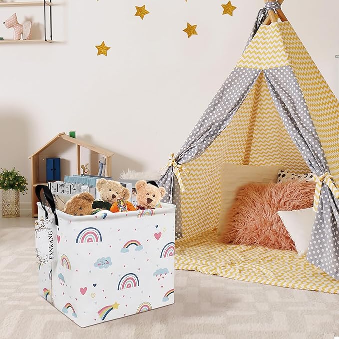 FANKANG Square Nursery Hamper Storage Bins Canvas Laundry Basket Foldable with Waterproof PE Coating Storage Baskets Gift Baskets for Children, Office, Bedroom, Clothes(Square-Love Rainbow )