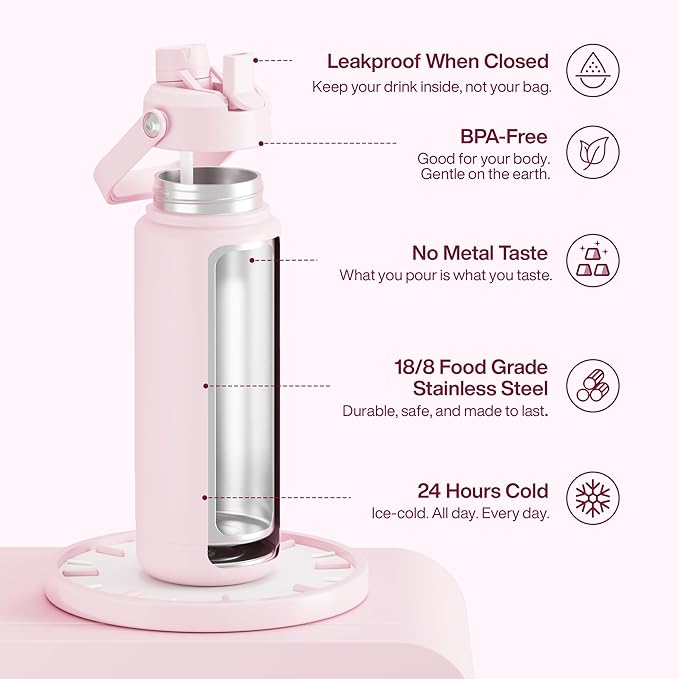 Insulated Water Bottle with Straw Stainless Steel Water Bottle, Leak-Proof, BPA-Free, Double Wall Vacuum Keeps Cold for 24 Hours for Sports, Travel, School (32 oz, Cotton Candy)