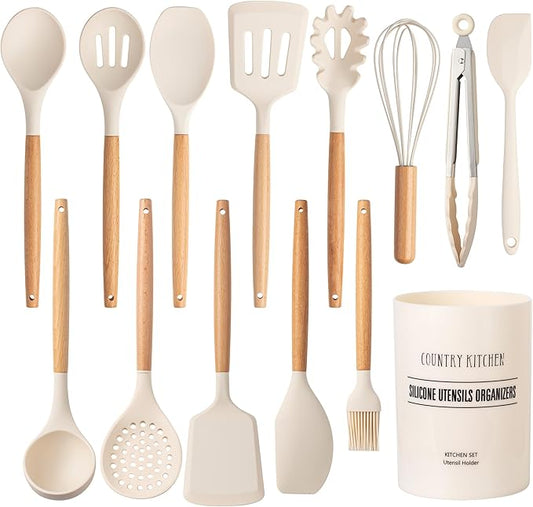 Country Kitchen Non Stick Silicone Utensil Set with Rounded Wood Handles for Cooking and Baking, 14 Piece Set, Khaki