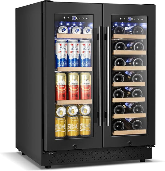 Wine and Beverage Refrigerator with Glass Door, 24-Inch Dual Zone Wine Fridge Under-Counter,4.6 Cu.Ft. 65 Cans and 20 Bottles Wine Cooler,Built-in or Freestanding Wine and Drink Fridge with Blue Light