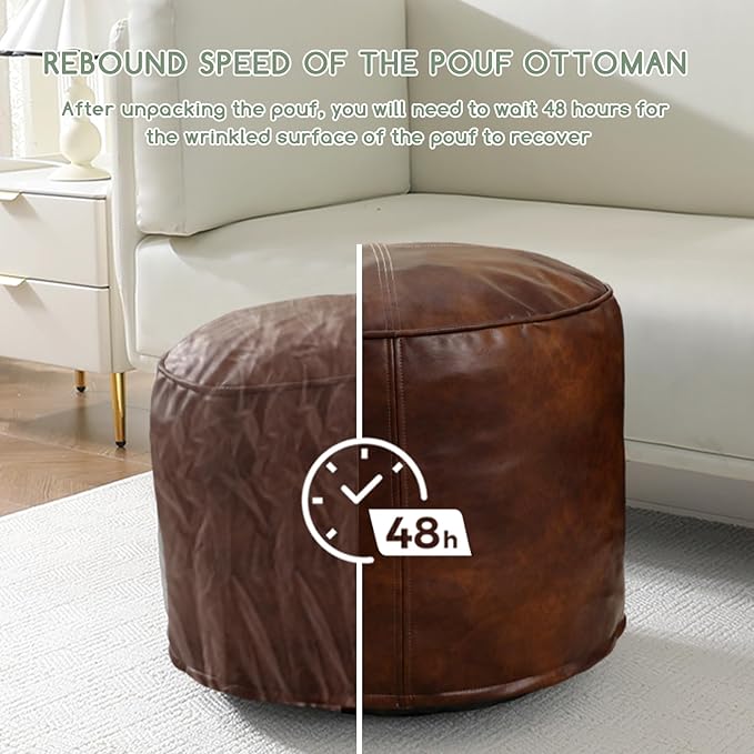 HIGOGOGO Round Stuffed Pouf Ottoman, Pu Leather Poufs with Foam Chunk Filling, Furry and Fluffy Pouf Foot Stool Storage Ottoman, 26 X 18 Floor Poufs Foot Rest for Living Room,Dark Brown