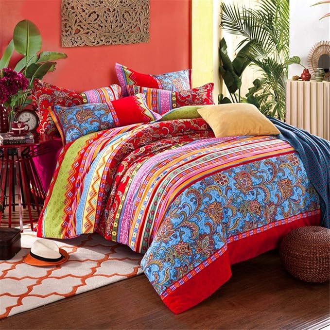 ABREEZE Bohemian Duvet Cover Set Colorful Red Boho Retro Bedding Set Damask Paisley Cotton Duvet Cover Tribal Reversible Bedding Exotic Style Comforter Cover 3-Piece Queen