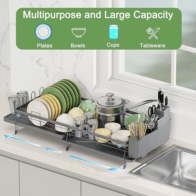 ROTTOGOON Expandable Dish Drying Rack,Multifunctional Adjustable Dish Drainer with Swivel Spout and Anti-Rust Dish Rack with Removable Cutlery & Cup Holders for Kitchen Counter,Dark Grey