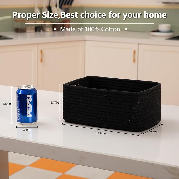 4 Pack Small Storage Shelf Baskets for Organizing, Mini Woven Rope Storage Bins for Towels, Cute Decorative Closet Organizer,Baby Nursery, Gift Empty Baskets -11.81''Lx7.87''Wx4.72''H-Black