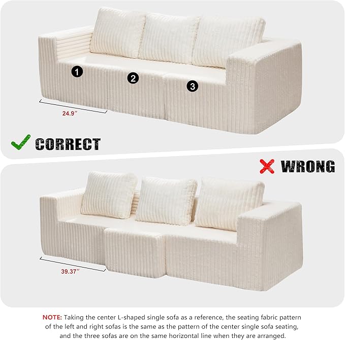 Hobestluk Modular Sectional Sofa Memory Foam Couch Oversized Sectional Sofa 3-Seater with Chaise Cloud Couch with Removable Cover L Shape Sofa for Living Room (Strip White, 3-Seater with Chaise)