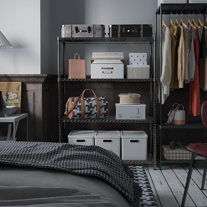 IZEUK 1400 LBS Garage Black Shelving Wide Storage Shelves 4 Tier Adjustable Heavy Duty Metal Wire Rack Standing Shelf Unit for Kitchen Office College Dorm Garage Warehouse 15.8" x 45.8"x 59.4"