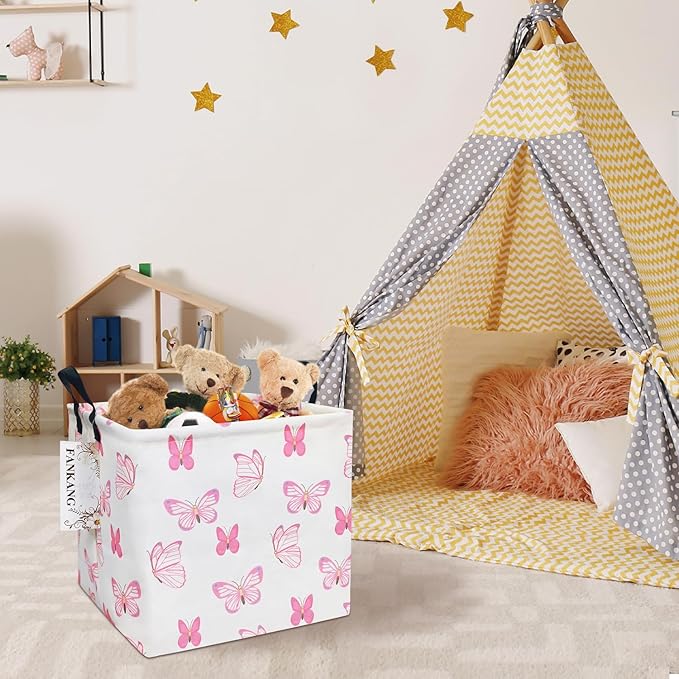 FANKANG Square Nursery Hamper Storage Bins Canvas Laundry Basket Foldable with Waterproof PE Coating Storage Baskets Gift Baskets for Children, Office, Bedroom, Clothes(Square-pink butterfly )