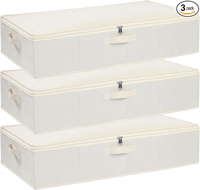 Under the Bed Storage Bins, Closet Organizers with Reinforced Handles for Blanket, Sheets, Pillows, Towels, Shoes, Beige, 3 Pack, 23.6 x 11.8 x 5.9 Inch