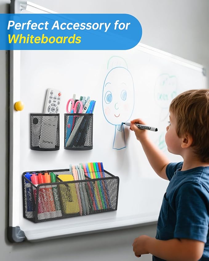 VICNOVA Magnetic Pencil Holder - Metal Pen Holder with Strong Magnets - Storage Basket Organizer for Whiteboard, Refrigerator, Locker Accessories