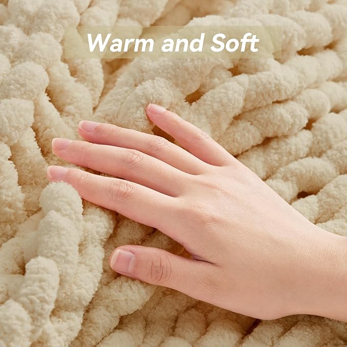 Chunky Knit Throw Blanket, 50''*60'' Knitted Throw Chenille Yarn for Bed Couch, Handmade Oatmeal Crochet Big Thick Blanket, Machine Washable Cute Comfy Blanket for Home Decor