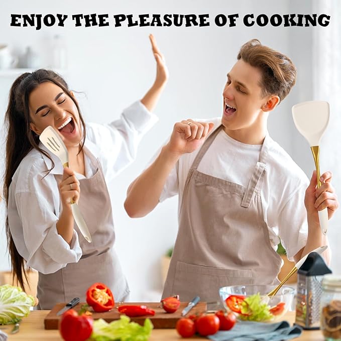 Heat-Resistant Silicone Kitchen Spatula Set – Non-Toxic Cooking Utensils with Solid & Slotted Designs –Food Grade Silicone and Stainless Steel Handles –Ideal for Nonstick Cookware, Gold