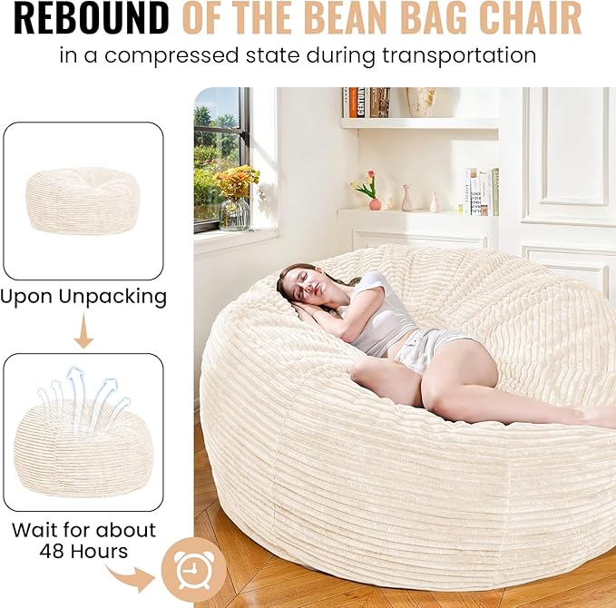 Large Bean Bag Chair, 5FT Giant Beanbag Chairs with Memory Foam Filled, Bean Bag Chairs for Adults, Ultra Soft Lazy Sofa for Living Room Bedroom (White)