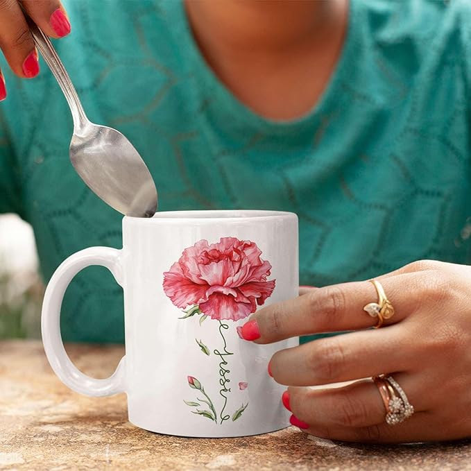 Personalized Floral Carnation Mug, Customized Name On Flower Coffee Cup, Unique Ceramic Tea Mug 11oz Or 15oz, Custom Carnation Flower Accent Cup, Gift For Daughter Mother