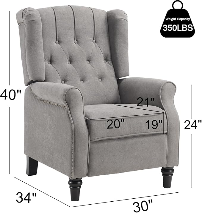 EBELLO 2 Pcs Pushback Recliner Chairs, Fabric Armchair Push Back Recliner with Rivet Decoration, Single Sofa Accent Chair for Living Room, Bedroom, Grey
