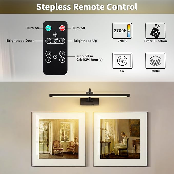 Dimmable Black Picture Lights with Remote and Timer Wireless Art Lights Rechargeable Gallery Lighting for Canvas Portrait 24'' Inch 5W Warm White