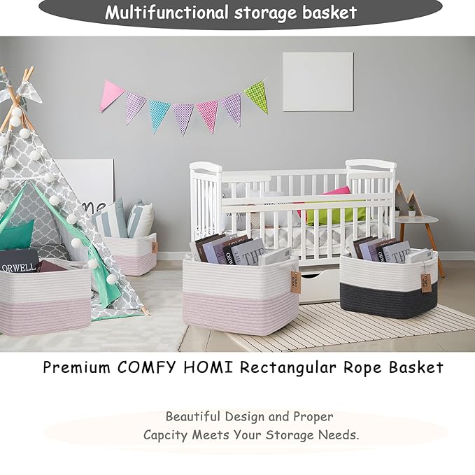 COMFY-HOMI 3PACK Cotton Rope Square baske with Handles for Shelves|Dog Toy baske Bin and Storage|Baby baske for Gift|Shoe baske for Organizing|13.5" x 11" x 9.5" for Living Room(White/Pink)