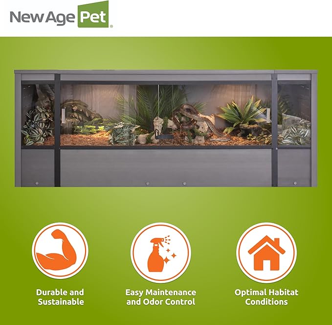 New Age Pet ECOFLEX 60-Inch Mojave Reptile Lounge in Grey- Durable, Moisture-Resistant Wood Plastic Composite Habitat with Vented Side Panels, Removable Sliding Glass Doors & Lock