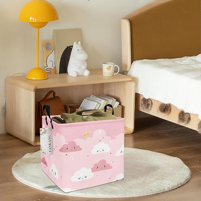 FANKANG Square Nursery Hamper Storage Bins Canvas Laundry Basket Foldable with Waterproof PE Coating Storage Baskets Gift Baskets for Children, Office, Bedroom, Clothes(Square-pink cloud )