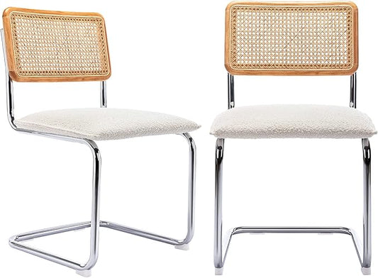 Mid Century Modern Rattan Dining Chairs Set of 2, Boucle Kitchen Chairs with Handwoven Mesh Rattan Backrest and Metal Legs, Upholstered Accent Side Chairs, White