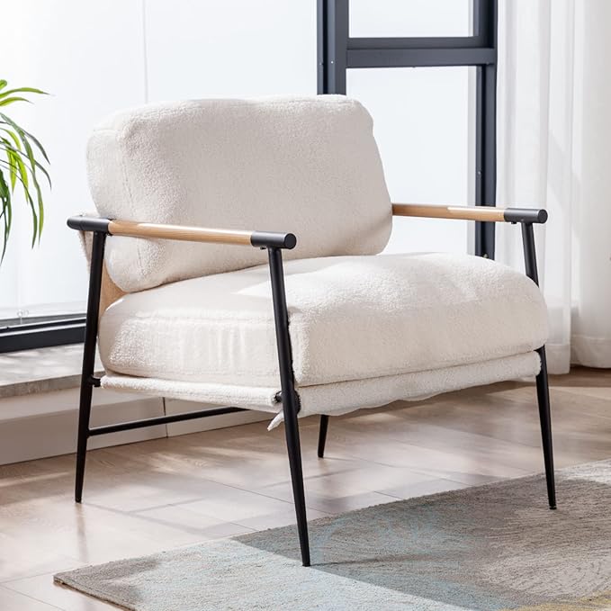 Mid-Century Accent Chair, Soft Armchair Sherpa Fabric Lounge Chair with Black Metal Legs, Upholstered Leisure Chair for Living Room Bedroom Reception Room, 1PC, White
