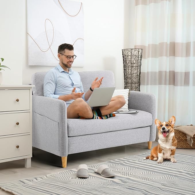 VINGLI 47" Small Couch, Linen Loveseat Sofa Light Grey Mini Couch Mid Century Modern Decor Love Seat for Small Spaces Living Room, Bedroom, Play Room