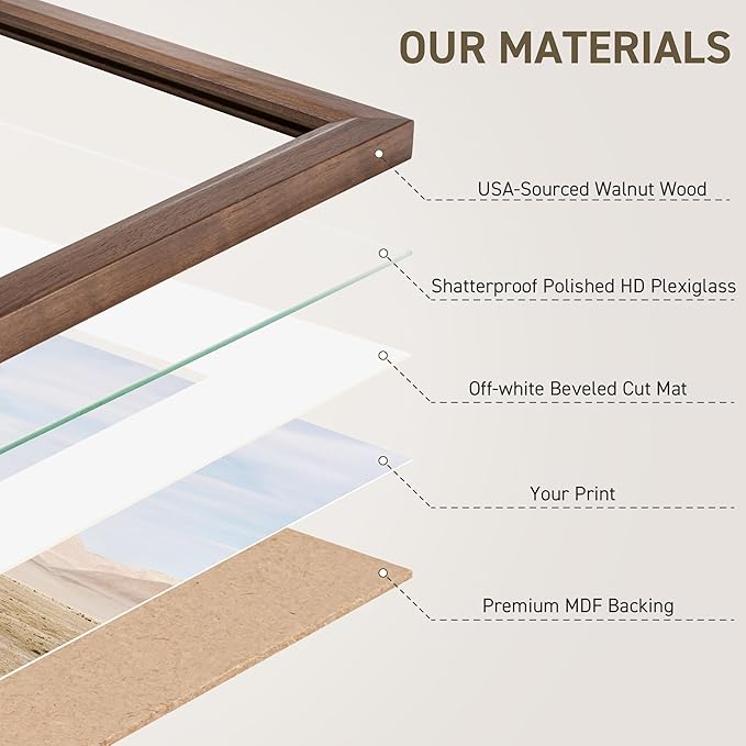 24x36 Poster Frame Set of 2 Natural Solid Walnut Photo Frames with 20x30 Removable Mat Wall Hanging Large Handcrafted Frame with HD Plexiglass Wall and Tabletop Display Large Picture Frame