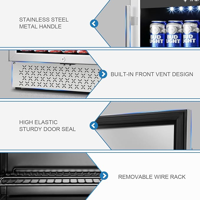 Tylza Beverage Refrigerator 24 Inch, 190 Can Built-in/Freestanding Beverage Cooler Fridge with Glass Door and Advanced Cooling Compressor for Beer and Soda or Wine, Low Noise, 37-64 F