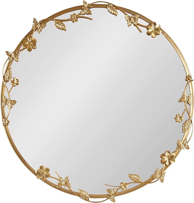 Kate and Laurel Rosella Modern Ornate Round Wall Mirror, 26 Inch Diameter, Gold, Circle Mirror with Floral Detailing for Use as Bathroom Mirror for Over Sink or Cute Nursery Mirror Decor