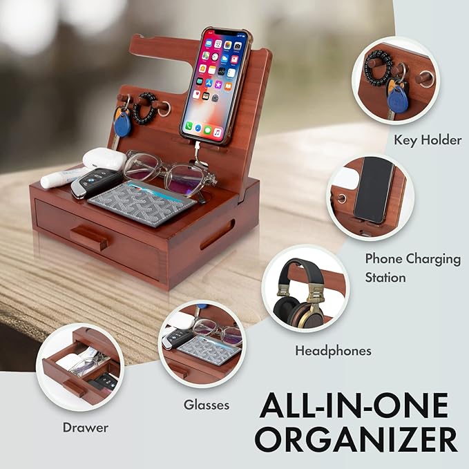 Solid Wood Nightstand Organizer by SolaJoy, Docking Station, Gifts for Men, Made of Cedar, Versatile Bedside Table Organizer for Cellphone, Watch, Headphone, Keys Walnut Wood