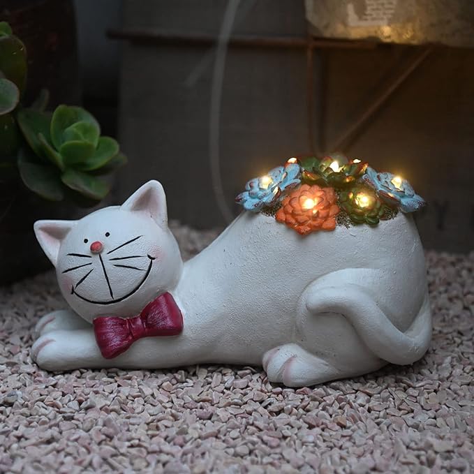 Cat Garden Figurines Outdoor Decor Solar Statue with Succulent and LED Lights for Patio Lawn Yard Art Decoration Housewarming Garden Gift