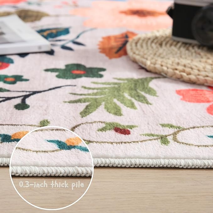 Living Room Rug 5x7 Rug Machine Washable Boho Area Rug Non Slip Floral Vintage Low Pile Large Rugs for Living Room, Bedroom, Farmhouse, Dining Room, Kids Playroom(Beige)