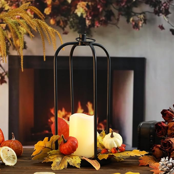 Fall Decor Lanterns Outdoor, 14" Waterproof Decorative Lantern Indoor Decor Metal Hanging Candle Holder LED Flameless Candle Lantern for Patio, Porch, 2 Packs