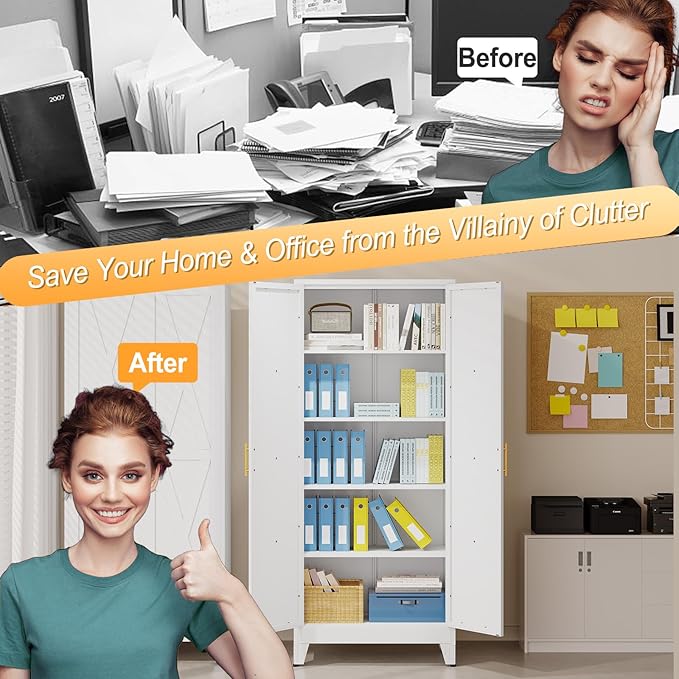 71" H Metal Kitchen Pantry Storage Cabinet, Freestanding Cupboard with 2 Doors and 4 Adjustable Shelves, Standing Storage for Kitchen, Bathroom, Garage, Dinning Room or Utility Room(White)