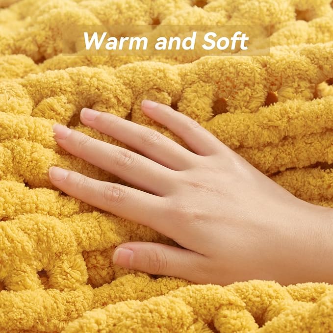 Chunky Knit Throw Blanket, 40''*50'' Knitted Throw Chenille Yarn for Bed Couch, Handmade Yellow Crochet Big Thick Blanket, Machine Washable Cute Comfy Blanket for Home Decor