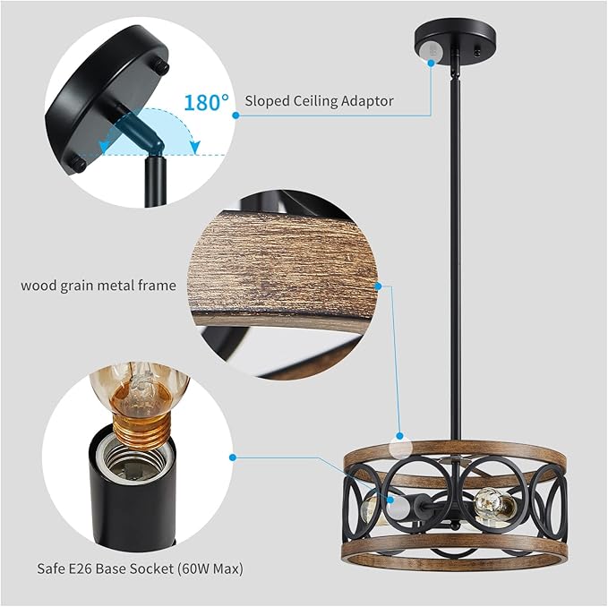 XINGQI Black Ceiling Light Adjustable Height Chandelier Modern Farmhouse Pendant Lighting Fixture Wood Grain Metal 13" Rustic Round Lights for Dining Room Kitchen Bedroom Entryway