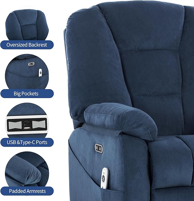 Power Swivel Rocker Recliner Chair for Adults,Rocking Recliners Chairs with Massage and Heat for Living Room, Electric Fabric Reclining Sofa Chair with USB and Type-C Port (Fabirc Blue)